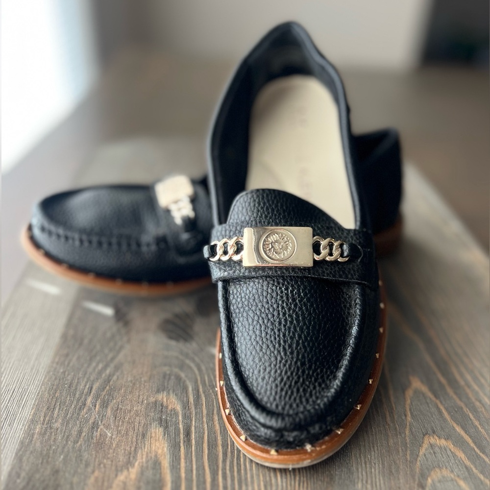 Classy Chic Sophisicated Black Anne Klein Loafers Gold Chain Embellishment
